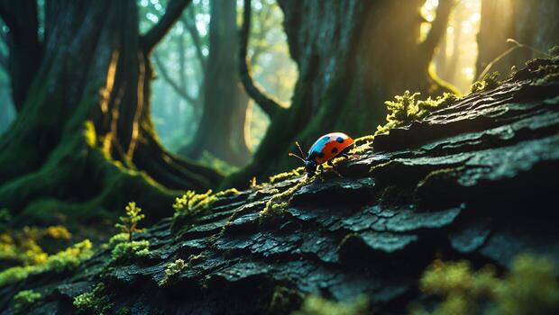 Ladybug Crawling on Mossy Log in Lush Green Forest photo