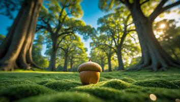 Acorn Resting on Mossy Ground in Forest Sunlight photo