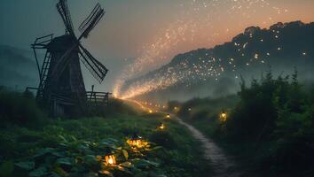 Old Windmill and Lantern Lit Path in Ethereal Foggy Landscape photo