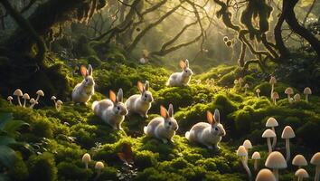 Rabbits in Mossy Forest with Mushrooms Enchanted Woodland Scene photo