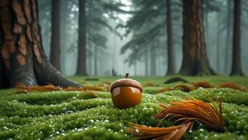 Acorn Resting on Mossy Forest Floor with Scattered Pine Needles photo