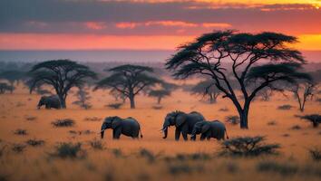Elephants Walking Through Savannah at Sunset with Colorful Sky photo