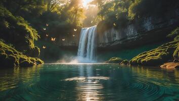 Waterfall Scenery with Ripples in Water and Flying Butterflies photo