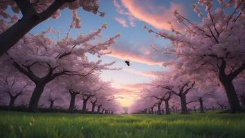 Bee Flying Through Pink Blossom Trees Field with Sunset Light photo