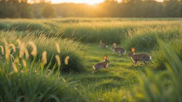Rabbits Running in Grassy Field During Golden Sunset Hour photo