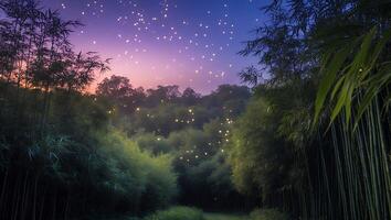 Enchanting Forest Path at Dusk with Fireflies Under a Starry Sky photo