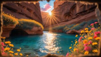 Flowing River Through Canyon Walls with Flowers and Bursting Sunlight photo