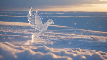 Ice Bird Sculpture on Snow During Golden Hour with Peaceful Sky photo