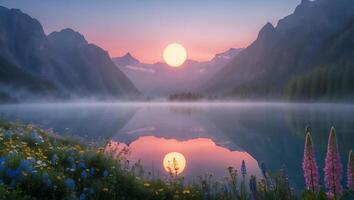 Lake Reflection at Sunset with Flowers and Mountain Scenery photo