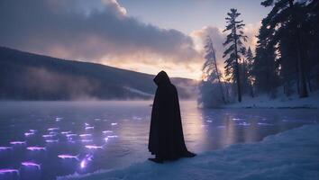 Cloaked Figure Standing on Snowy Lake Shore in Winter photo