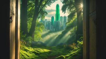City Skyline Viewed From Forest Through Open Doorway with Sunlight photo