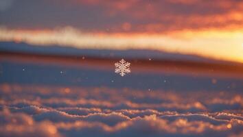 Snowflake Falling on Snowy Landscape with Sunset Sky Background photo