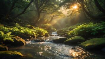 Flowing Stream in Forest with Ferns and Sunlight Filtering Through Trees photo