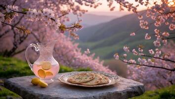 Pink Lemonade and Flatbread in Springtime Mountain Cherry Blossom Setting photo