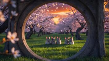 Rabbits in Spring Orchard Seen Through Round Wooden Frame photo