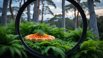 Arranging Carrot Tart Outdoors Within Green Ferns and Forest Backdrop photo