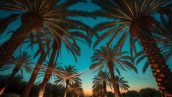Looking Up at Palm Trees Against a Dark Blue and Orange Sky photo