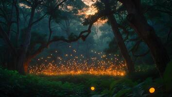Glowing Lights Illuminate a Mysterious Dark Forest at Dusk photo