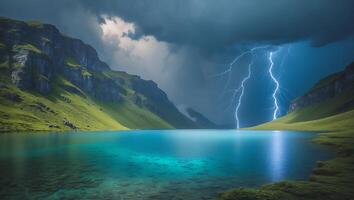 Lake and Mountain Valley Landscape with Lightning Strike During Storm photo