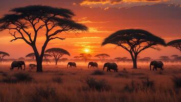 Elephants Walking Across African Savannah at Sunset with Silhouetted Trees photo
