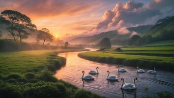 Swans Swimming on River at Sunset with Scenic Green Landscape photo