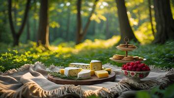 Enjoying a Cheese and Raspberry Picnic in a Sunny Forest Glade photo