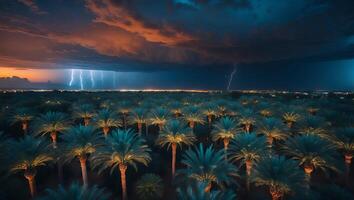 Palm Tree Grove at Night Under Dramatic Sky with Lightning Strikes photo
