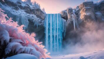 Winter Waterfall Scene with Snow Covered Rocks and Frozen Trees photo
