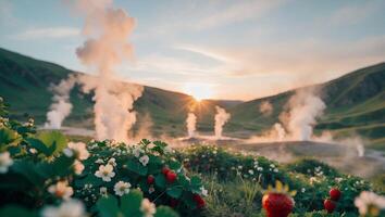 Strawberry Field with Geothermal Vents at Sunset Creating Dreamy Landscape photo