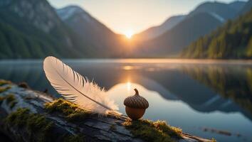 Feather and Acorn on Mossy Log Overlooking a Calm Lake at Sunrise photo