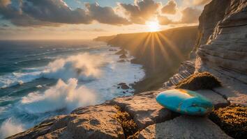 Coastal Cliffside at Sunset with Waves Crashing and Teal Stone photo
