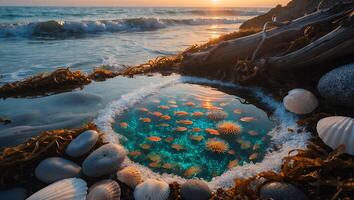 Fish Swimming in Tidal Pool at Sunset on Beach with Rocks photo