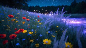 Field of Colorful Flowers by River with Starry Night Sky photo