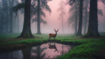 Deer Standing by Stream Reflecting in Forest with Foggy Atmosphere photo