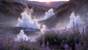 Lavender Field Overlooking Geothermal Activity at Sunset in a Valley photo
