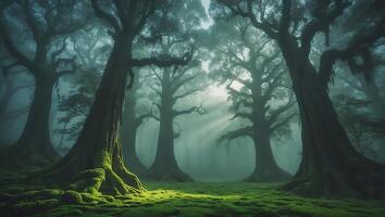 Misty Forest Scene with Mossy Trees and Rays of Sunlight photo