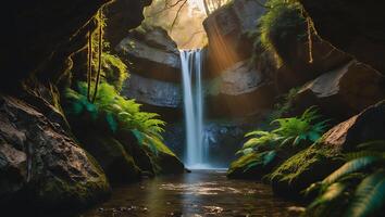 Scenic Waterfall Flowing Into Creek with Ferns and Mossy Rocks photo