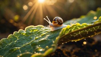 Snail Crawling on Leaf in Warm Sunlight During Golden Hour photo