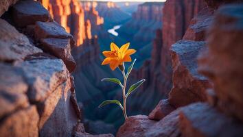 Orange Flower Grows on Rock Ledge Overlooking Canyon Landscape photo