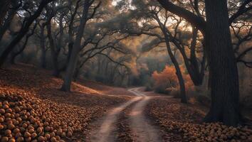 Winding Dirt Road Through Autumnal Forest with Fallen Fruit and Trees photo