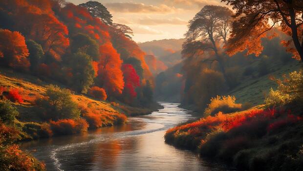 River Flowing Through Colorful Autumn Forest Landscape with Warm Lighting photo