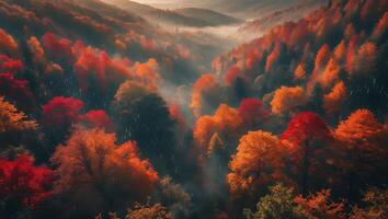 Vibrant Autumn Forest Valley with Fog and Colorful Tree Foliage photo