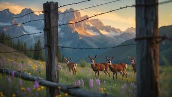 Deer Standing in Mountain Meadow at Sunset Behind Rustic Fence photo