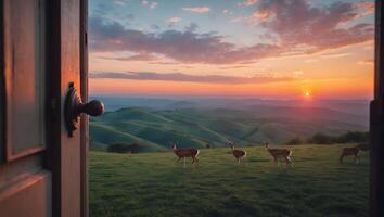 Open Door Framing Deer Grazing on Hillside at Stunning Sunset photo