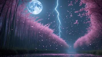 Dramatic Lightning Strikes Near Full Moon Over Blossom Tree Tunnel photo
