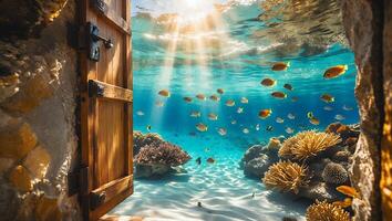 Open Door to Tropical Ocean with Coral Reef and Swimming Fish photo