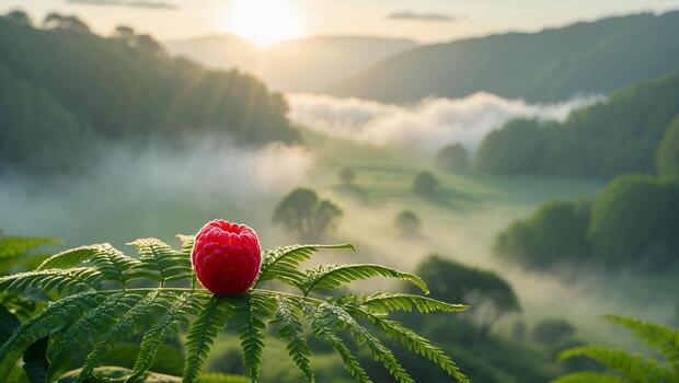 Raspberry on Fern with Foggy Valley at Sunrise Background photo