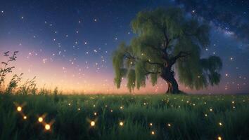 Large Willow Tree in Field Glowing Under Starry Night Sky photo