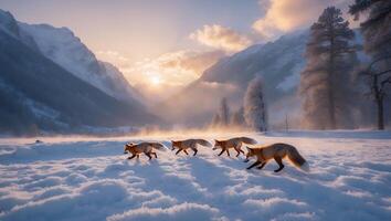 Foxes Walking on Snow in a Mountain Landscape at Sunrise photo