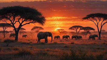Elephants Walking Across Savannah at Sunset with Silhouette of Trees photo